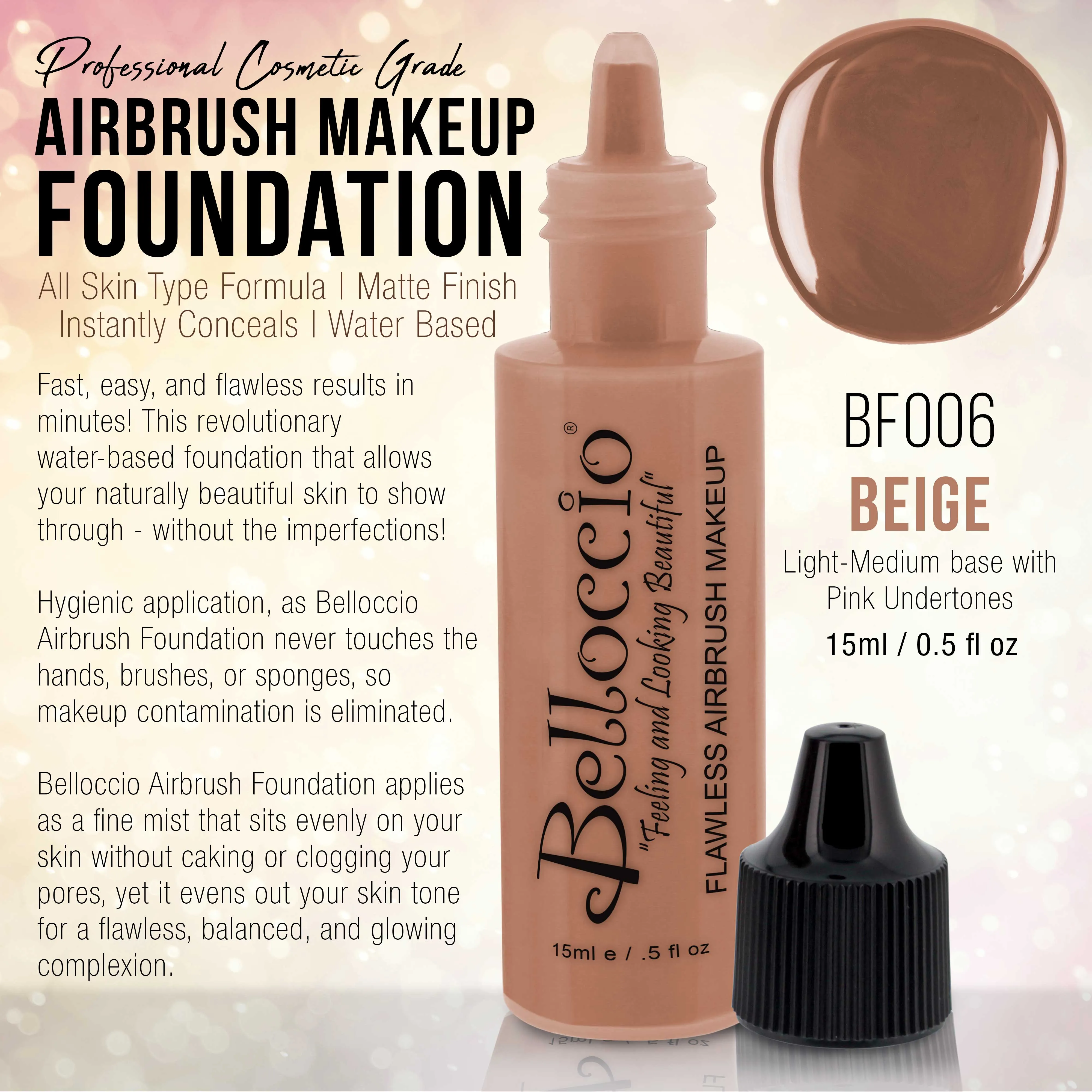 BEIGE Color Shade Belloccio Professional Airbrush Makeup Foundation, 1/2 oz.