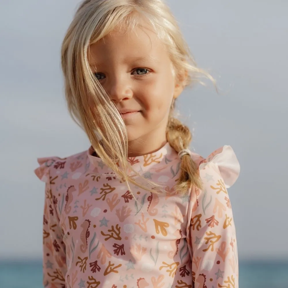 Girls Swim T-shirt Long Sleeves  rashguard Ruffles Ocean Dreams Pink