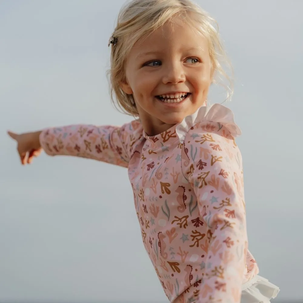 Girls Swim T-shirt Long Sleeves  rashguard Ruffles Ocean Dreams Pink