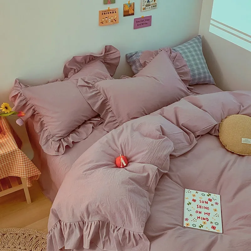 Ins Simple All Cotton Washed Cotton 4-Piece Set Of Cream Color Korean Lace Quilt Cover Sheet Pure Cotton Bedding
